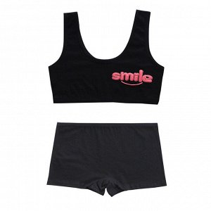 Комплект нижнего белья для девочки (топ + трусики-боксеры, цвет черный, принт «Smile»)