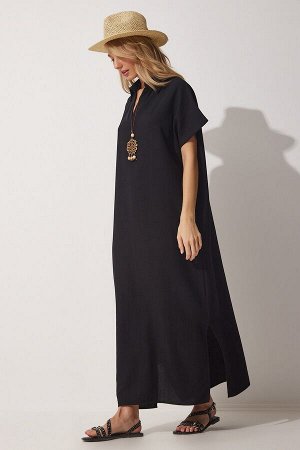 Женское длинное летнее льняное платье с черным ожерельем ZH00015