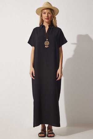 Женское длинное летнее льняное платье с черным ожерельем ZH00015