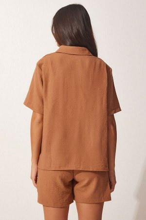 Женский комплект с рубашкой и льняными шортами цвета бисквита FN03075