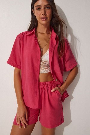 Женский темно-розовый комплект с рубашкой и льняными шортами FN03075