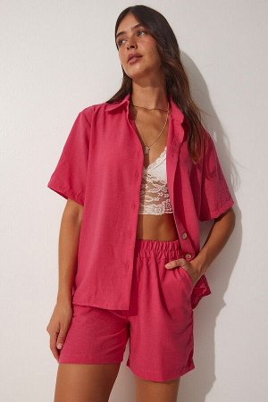 Женский темно-розовый комплект с рубашкой и льняными шортами FN03075