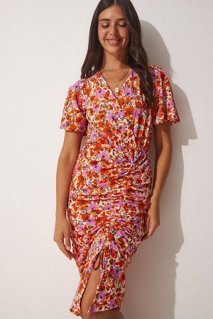 Женское оранжевое летнее платье с запахом и воротником-стойкой MC00162