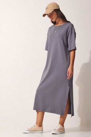 Женское хлопковое платье антрацитового цвета на каждый день из чесаного хлопка UB00119