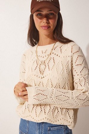 Женский кремовый ажурный трикотажный свитер MX00120