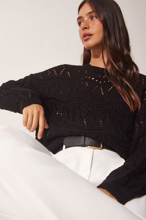 Женский черный ажурный трикотажный свитер MX00120