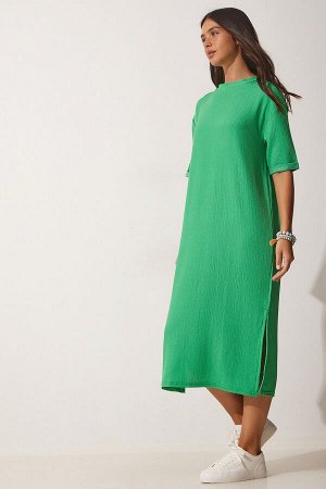Женское зеленое фактурное повседневное трикотажное платье миди LH00037