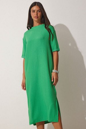 Женское зеленое фактурное повседневное трикотажное платье миди LH00037