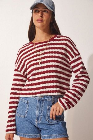 Женский бордовый полосатый вязаный свитер крючком UB00123