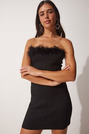 Женское черное мини-трикотажное платье без бретелек NS00396