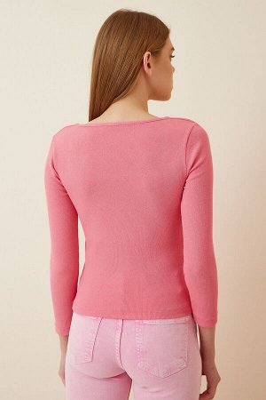 Женская розовая трикотажная блузка в рубчик с квадратным воротником GT00052