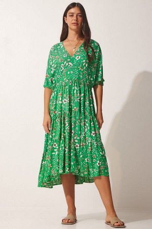Женское зеленое летнее платье с v-образным вырезом и рисунком FK00004