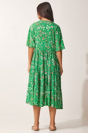Женское зеленое летнее платье с v-образным вырезом и рисунком FK00004