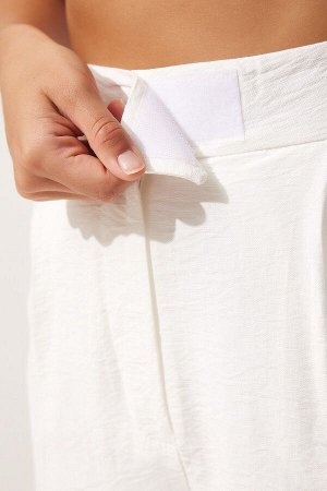Женские белые свободные льняные брюки на липучке BV00074