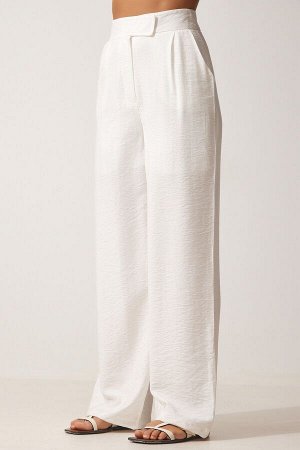 Женские белые свободные льняные брюки на липучке BV00074
