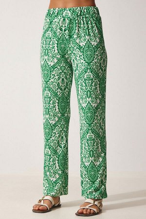 Женские летние свободные брюки-палаццо зеленого цвета с рисунком DD01238