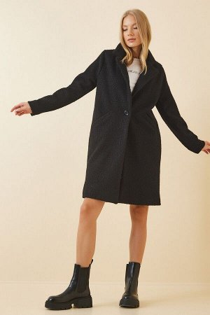 Женское черное пальто из смесовой шерсти из букле DD00770
