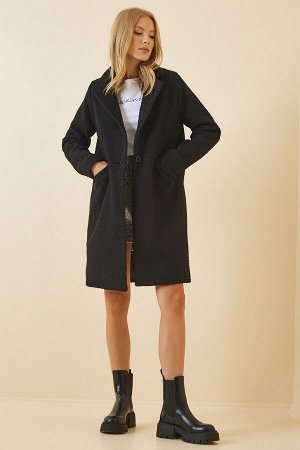 Женское черное пальто из смесовой шерсти из букле DD00770