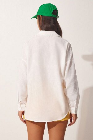 Женская белая рубашка оверсайз из смесового льна DD01248