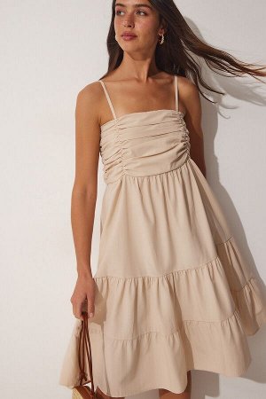 Женское летнее поплиновое платье кремового цвета с оборками на бретелях DD01226