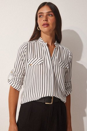 Женская рубашка-туника из вискозы в полоску белого цвета DD01240