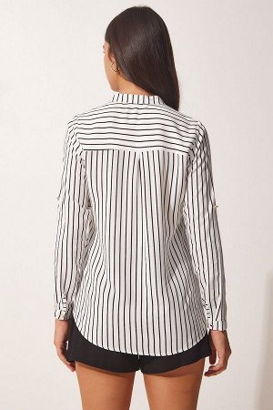 Женская рубашка-туника из вискозы в полоску белого цвета DD01240