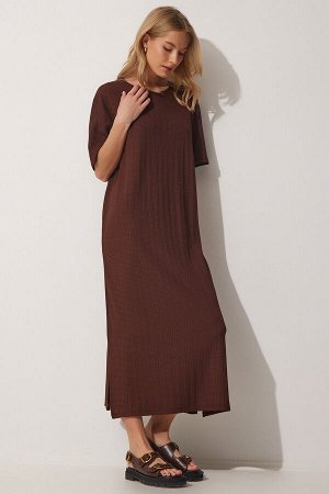 Женское коричневое свободное длинное повседневное летнее трикотажное платье DZ00076