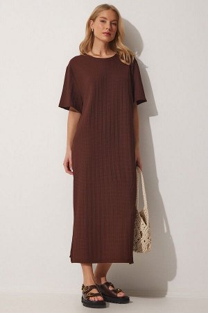 Женское коричневое свободное длинное повседневное летнее трикотажное платье DZ00076
