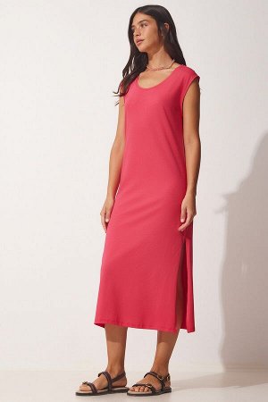 Женское темно-розовое повседневное трикотажное платье без рукавов UB00112