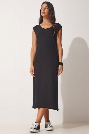 Женское черное повседневное трикотажное платье без рукавов UB00112