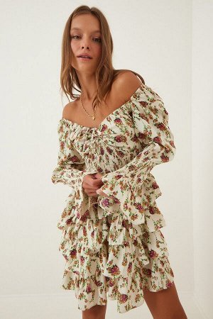 Женское кремовое летнее мини-платье Katkat с цветочным принтом и рюшами FN02947