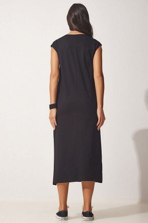 Женское черное повседневное трикотажное платье без рукавов UB00112