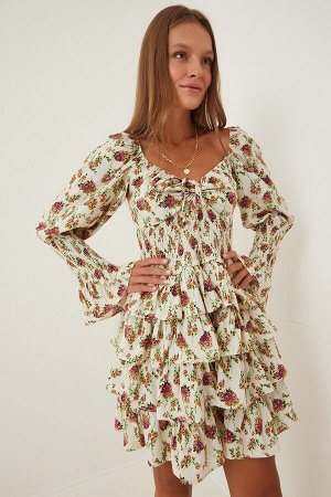 Женское кремовое летнее мини-платье Katkat с цветочным принтом и рюшами FN02947