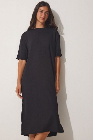 Женское черное фактурное повседневное трикотажное платье миди LH00037