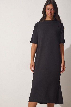 Женское черное фактурное повседневное трикотажное платье миди LH00037