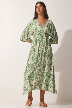 Женское светло-зеленое летнее длинное платье из вискозы с глубоким v-образным вырезом CI00081