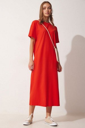 Женское темно-оранжевое хлопковое летнее повседневное платье из чесаного хлопка UB00080