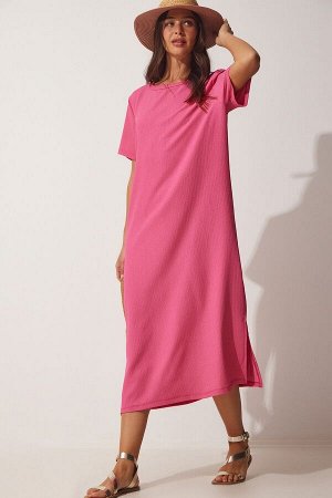 Женское розовое свободное длинное повседневное летнее трикотажное платье DZ00076