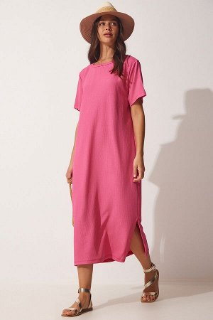 Женское розовое свободное длинное повседневное летнее трикотажное платье DZ00076