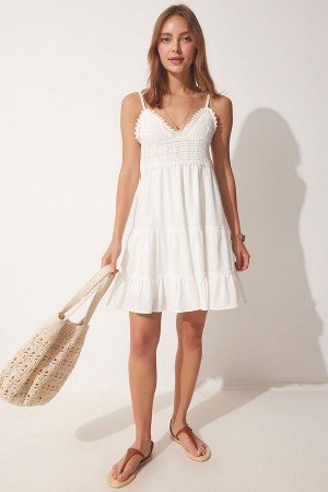 Женское белое трикотажное платье со шнуровкой на бретелях RV00121
