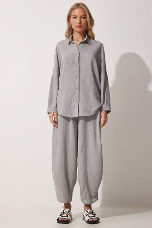 Женский комплект из серой льняной рубашки и брюк Salwar DZ00080