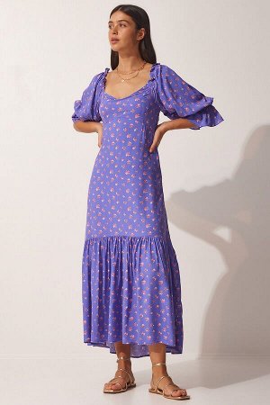 Женское вискозное платье с фиолетовым узором и вырезом сердечком FN03074