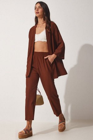 Женский вязаный комплект коричневых брюк-кимоно BY00050