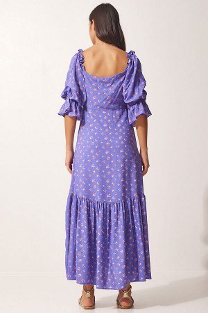 Женское вискозное платье с фиолетовым узором и вырезом сердечком FN03074