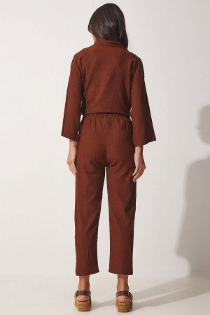 Женский вязаный комплект коричневых брюк-кимоно BY00050