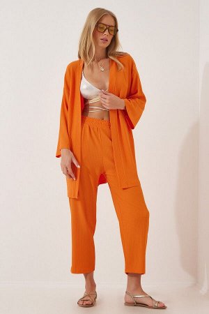 Женское оранжевое кимоно со штанами вязаный комплект BY00050