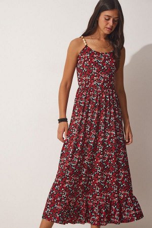Женское красное летнее трикотажное платье на бретелях с цветочным принтом MC00201