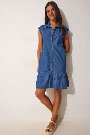 Женское синее джинсовое платье-рубашка с воланами DD01242