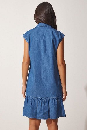 Женское синее джинсовое платье-рубашка с воланами DD01242