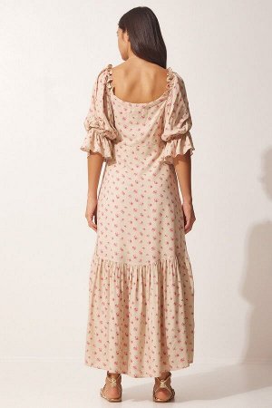 happinessistanbul Женское вискозное платье бежевого цвета с узором с вырезом сердечком FN03074